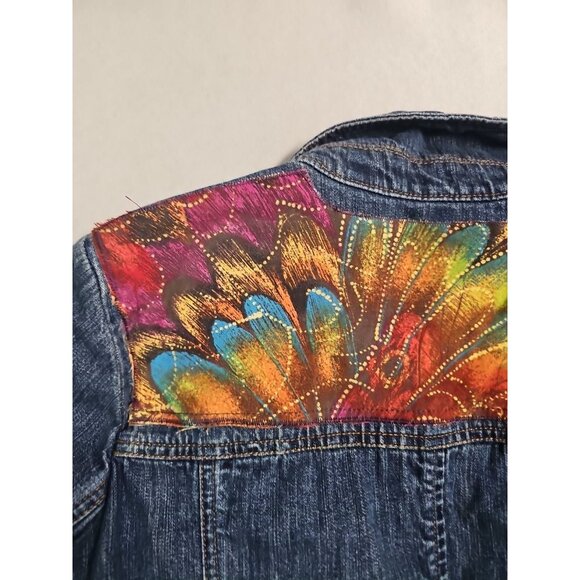 Old Navy Womens Denim Jean Jacket Size L Snap Painted Pockets & Back Art To Wear - Picture 8 of 8